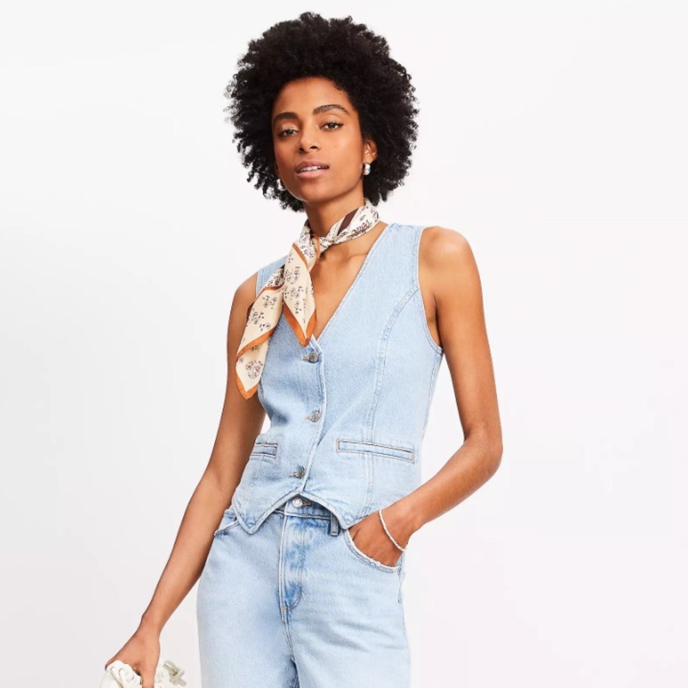 LOFT Denim Vest In Destructed Mid Wash